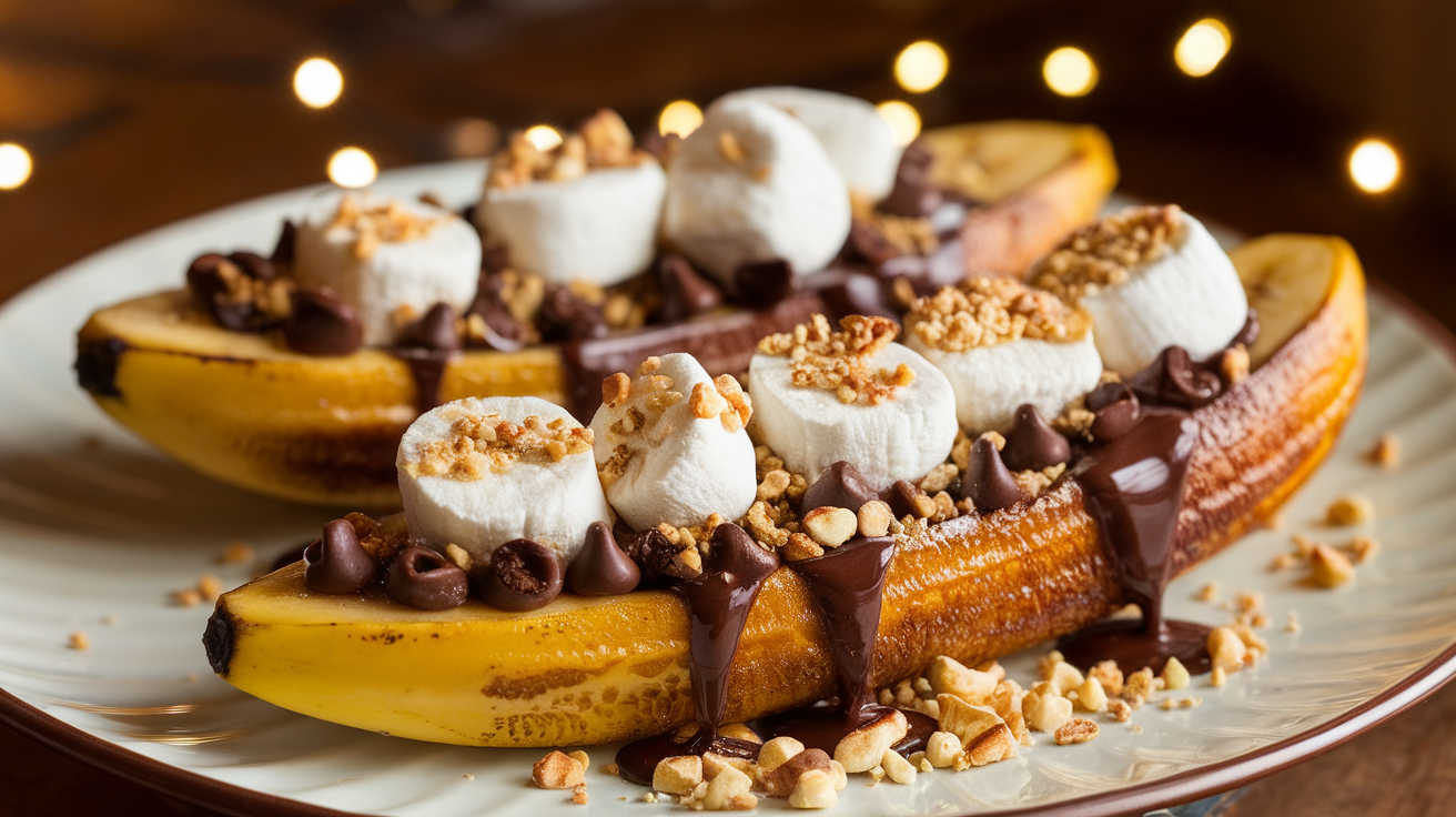 Golden caramelized banana boats with chocolate chips and marshmallows, cooked in an air fryer, on a white plate with a drizzle of honey.