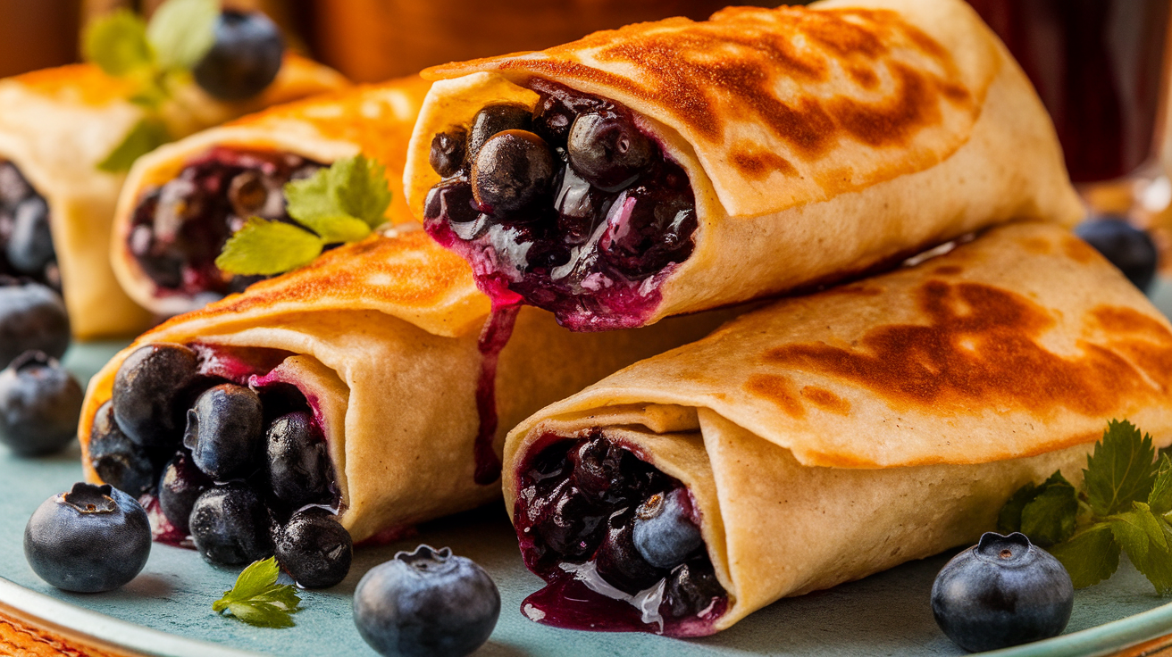 Golden brown air fryer blueberry chimichangas with powdered sugar dusting on a white plate