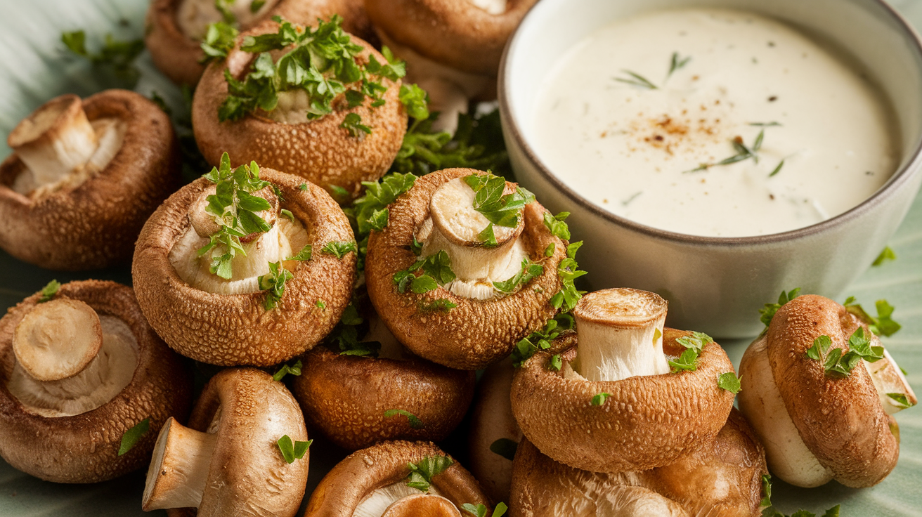 Crispy golden air-fried mushrooms with herbs in a white bowl, garnished with parsley.
