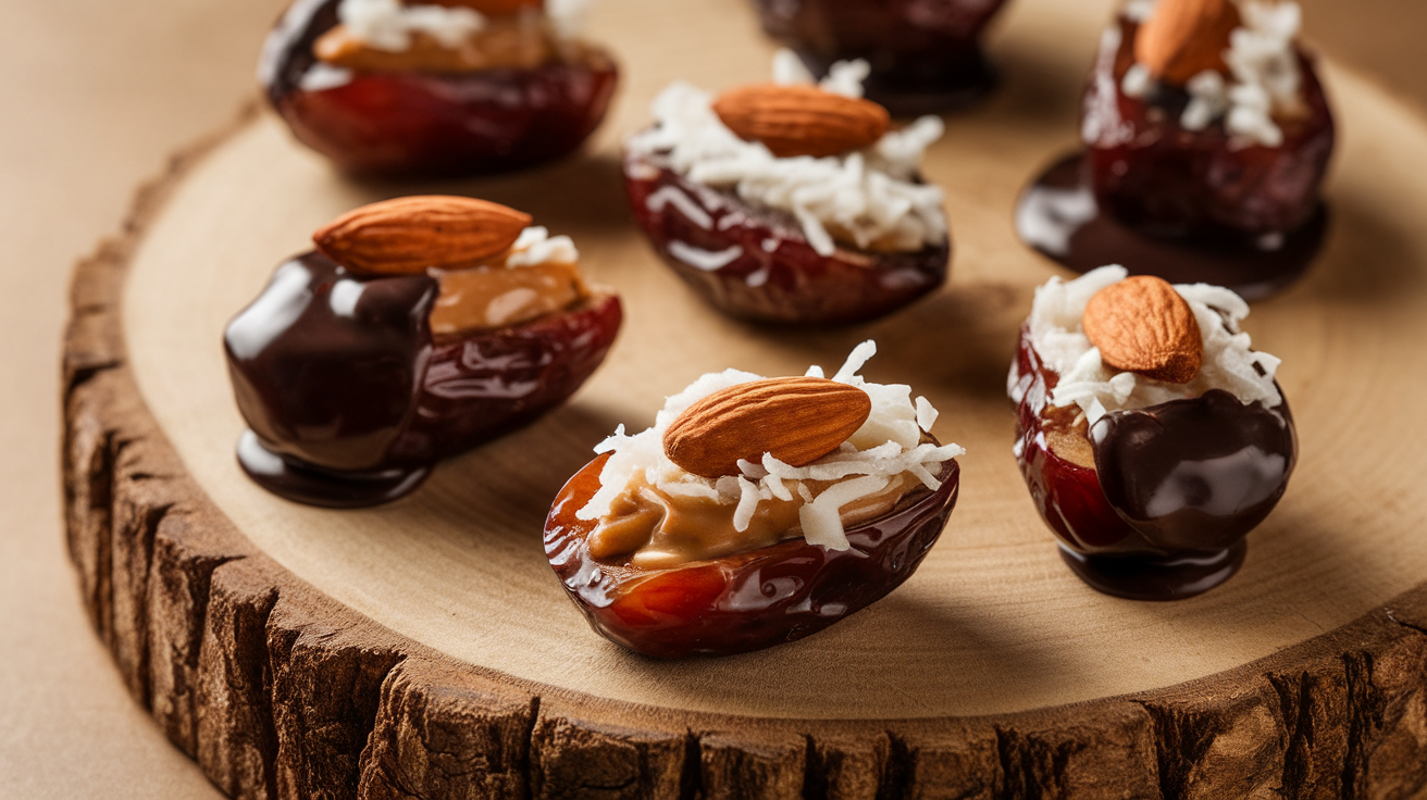 Homemade Almond Joy stuffed dates with coconut, dark chocolate, and almonds on a white plate.