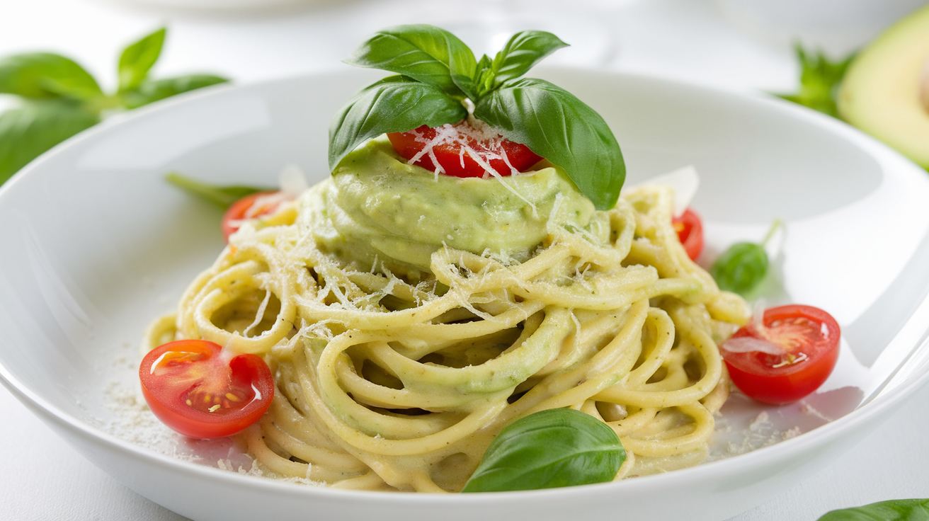 Creamy avocado pasta served in a white bowl, garnished with cherry tomatoes and fresh basil leaves.