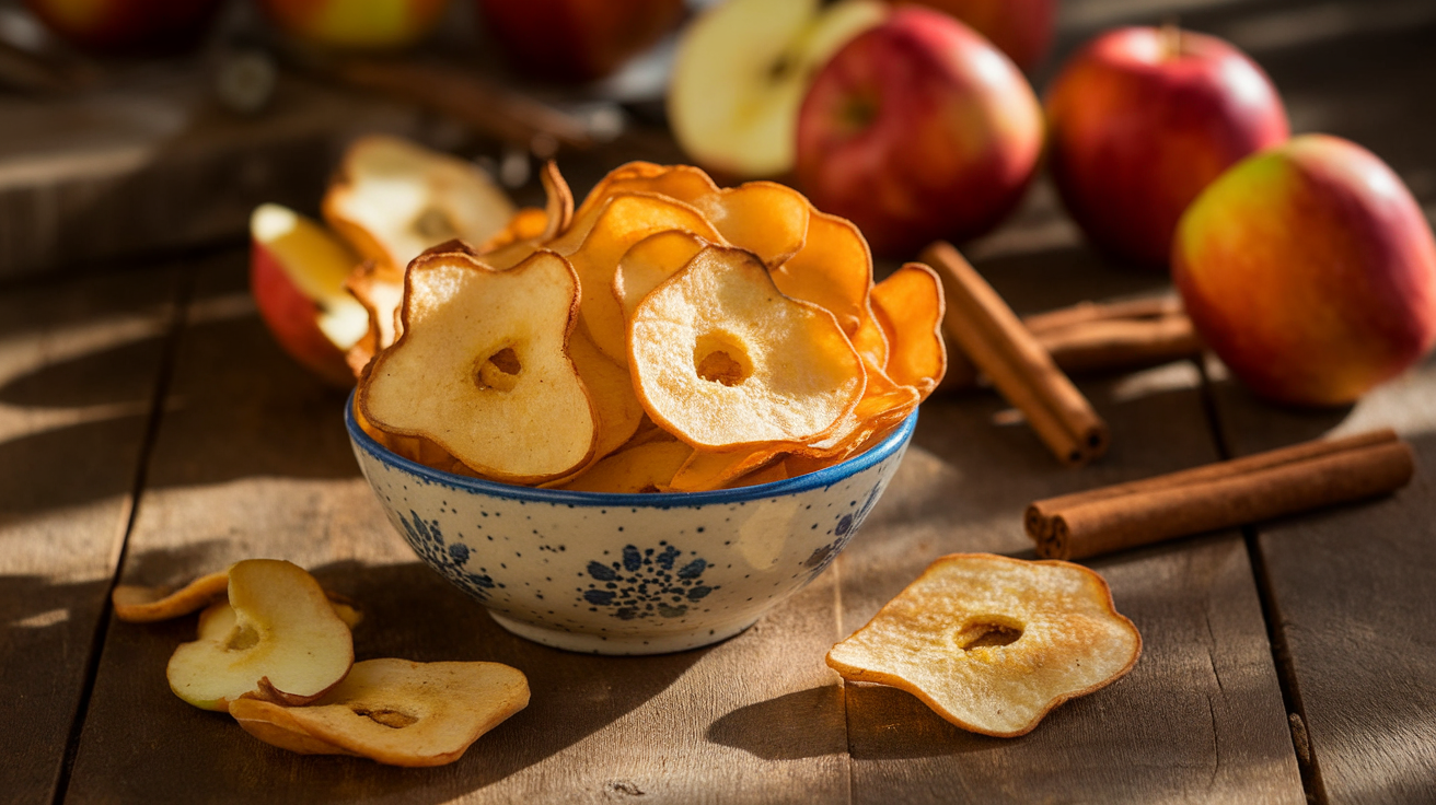A tray of crispy baked apple chips arranged in a single layer on parchment paper.