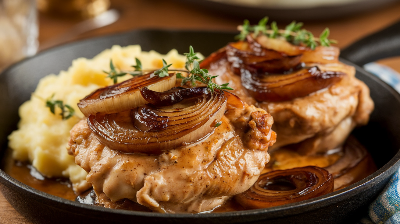 Creamy balsamic caramelized onion chicken served in a skillet with golden seared chicken thighs, rich caramelized onions, and a glossy balsamic cream sauce, garnished with fresh thyme.