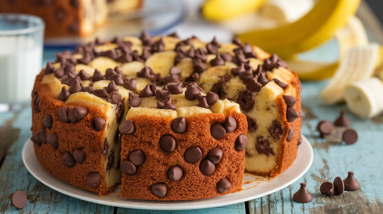 Freshly baked banana chocolate chip cake with melty chocolate chips, topped with a drizzle of caramel on a rustic table.