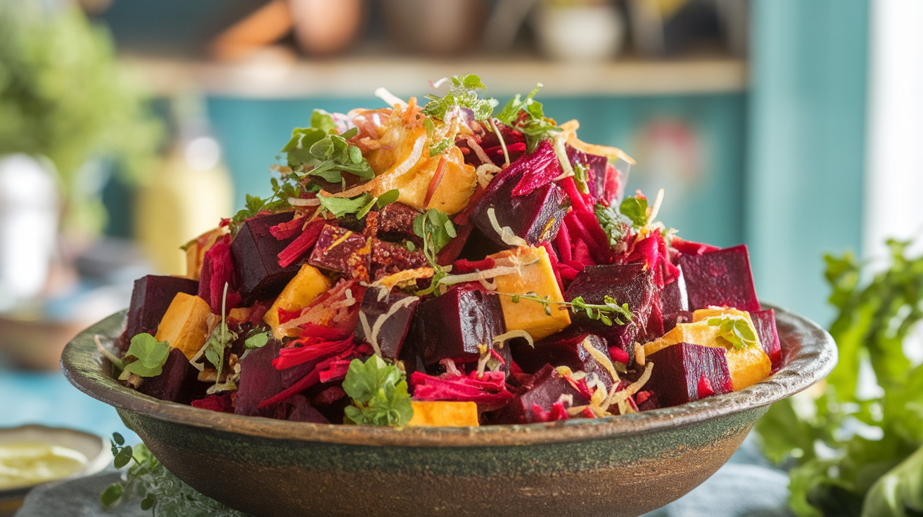 Close-up of vibrant Beetroot Paneer Chaat garnished with fresh coriander and pomegranate seeds on a white plate.