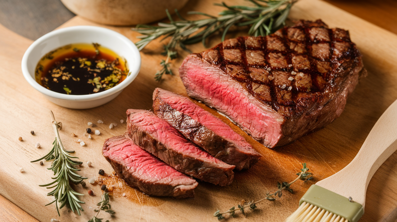 Raw flank steak marinating in a bowl with herbs, garlic, and soy-based marinade.