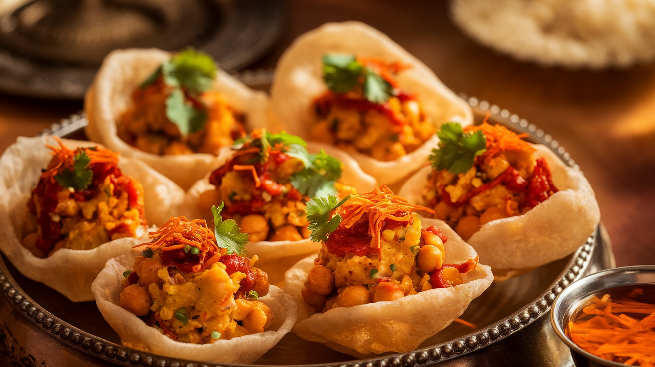 Close-up of Bharwa Golgappe — crispy hollow puris stuffed with spicy potato filling, garnished with fresh coriander.