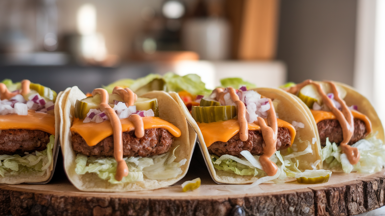Big Mac-style smash burger tacos with melted cheese, pickles, shredded lettuce, and special sauce on folded crispy tortillas.