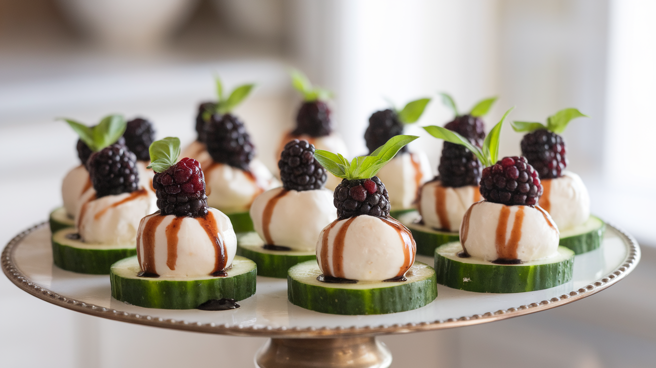 Close-up of Blackberry-Cucumber Caprese Bites featuring fresh blackberries, cucumber slices, mozzarella balls, basil leaves, and a drizzle of balsamic glaze on a serving platter.