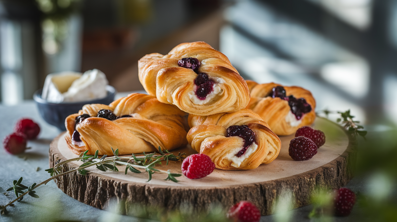 Golden-brown puff pastry twists filled with creamy goat cheese and sweet blackberry jam, topped with fresh blackberries and a honey drizzle.