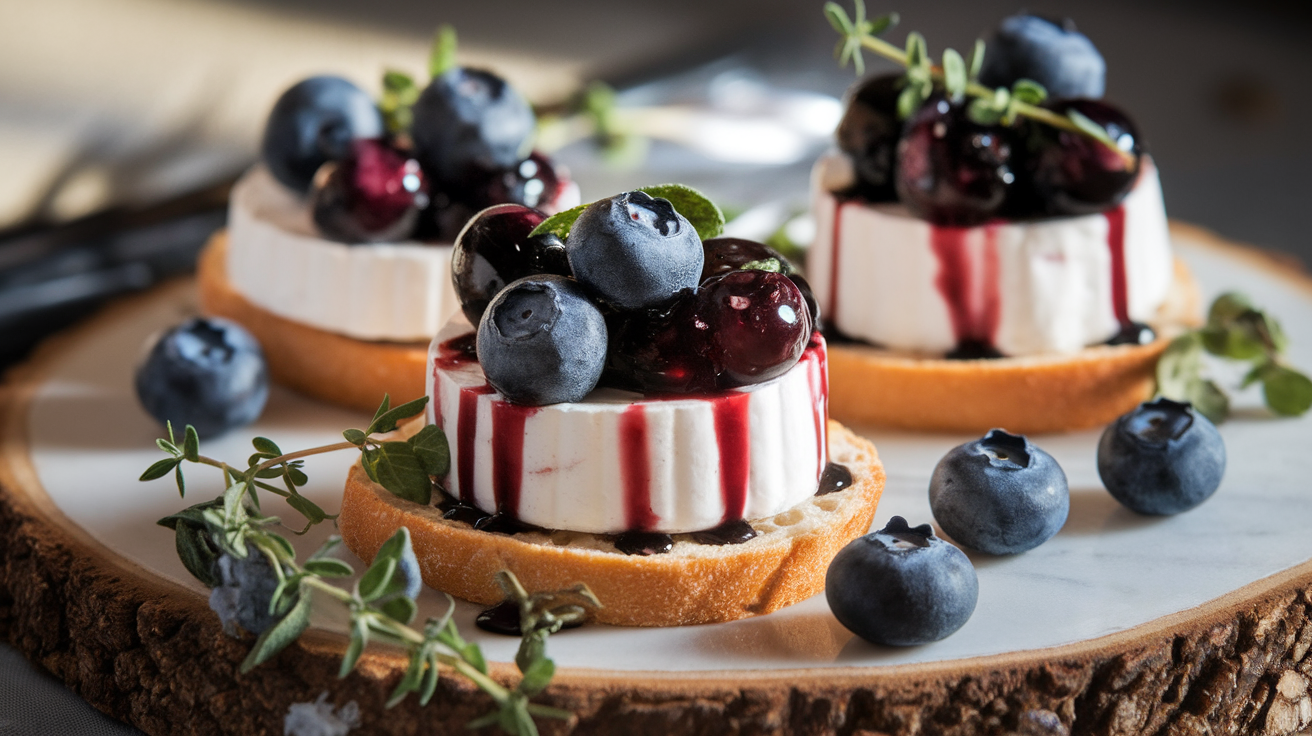 Close-up of an elegant blueberry balsamic goat cheese appetizer with fresh blueberries, honey drizzle, and toasted nuts on a crisp crostini.