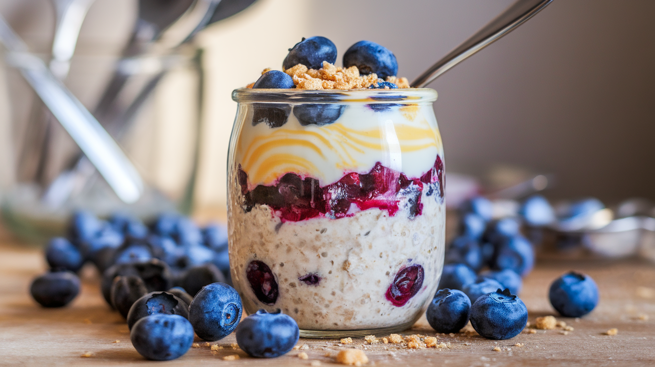 A glass jar filled with blueberry cheesecake overnight oats, topped with fresh blueberries and a sprinkle of crushed graham crackers.
