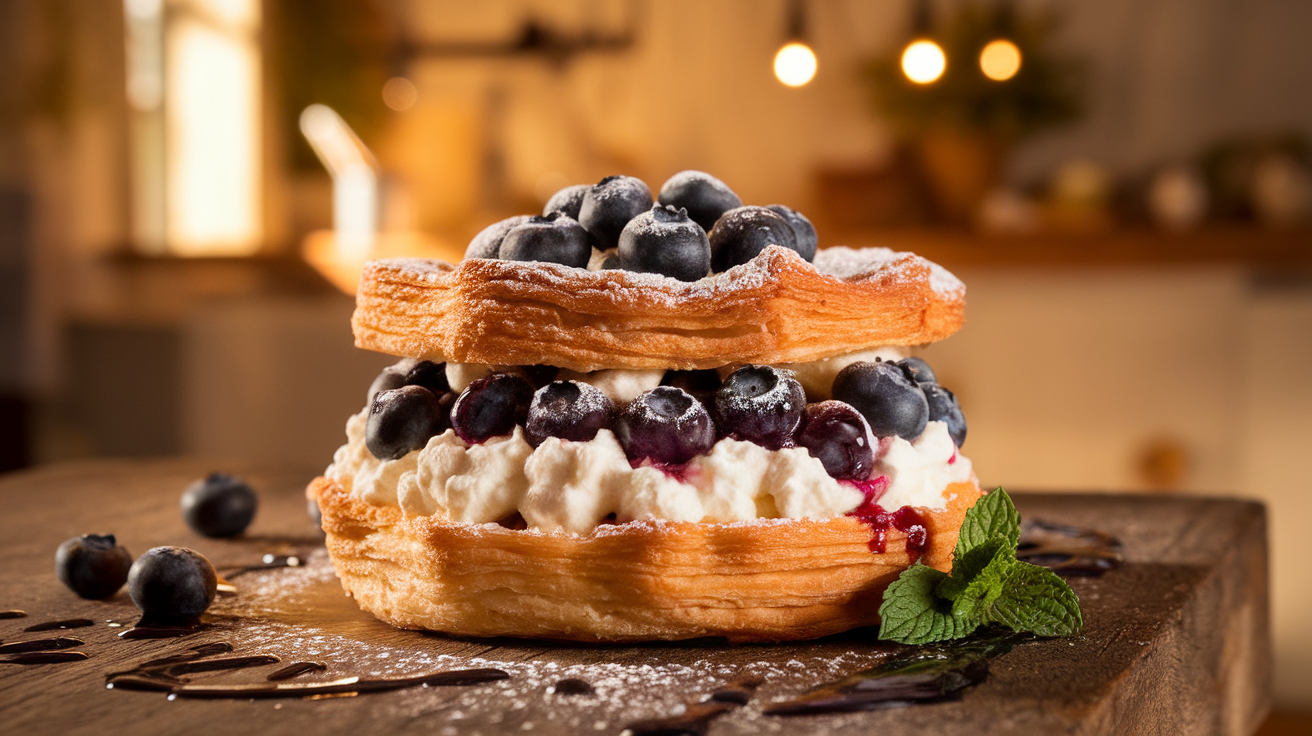 Freshly baked blueberry cream cheese puff pastry with golden flaky layers, juicy blueberries, and creamy filling on a white plate.