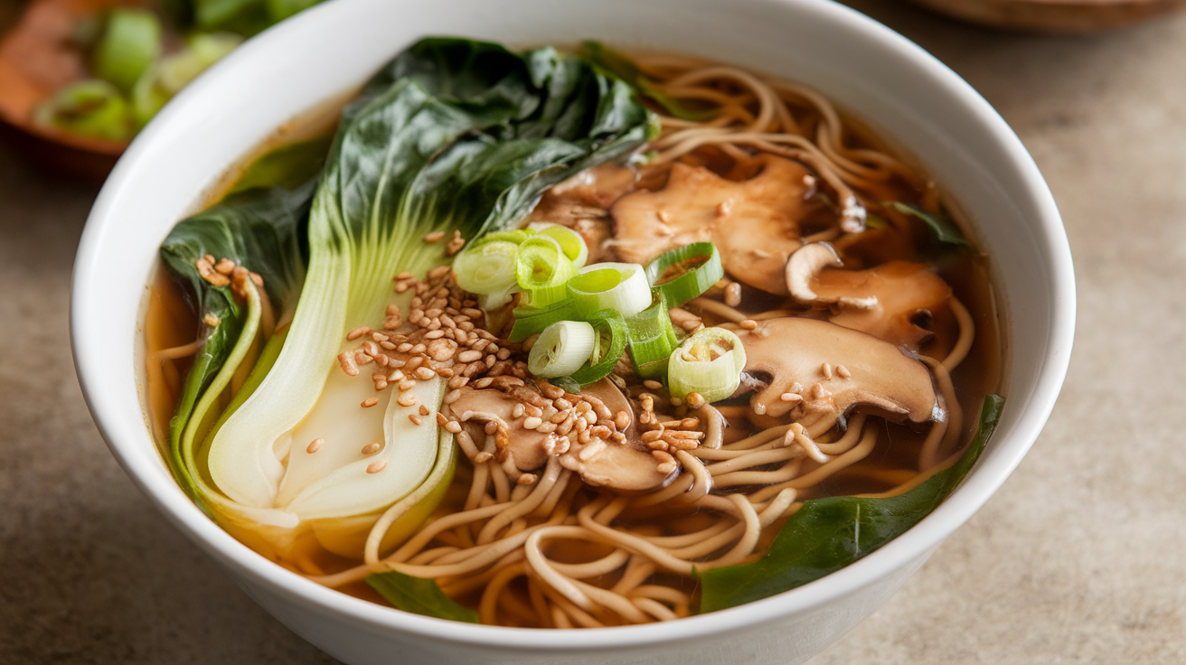 A steaming bowl of bok choy and wild mushroom soba noodle soup garnished with fresh herbs.