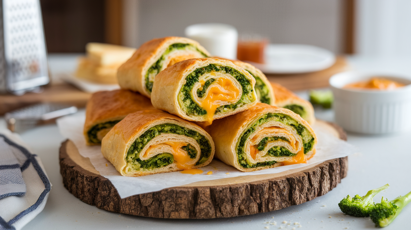 Freshly baked broccoli cheddar pinwheels with golden flaky pastry, melted cheese, and chopped broccoli on a white plate.