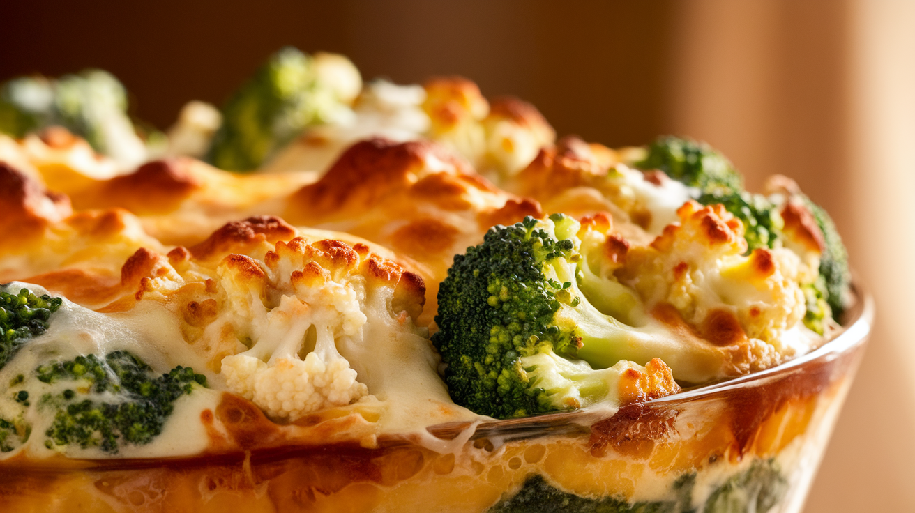 A baked casserole dish filled with creamy broccoli and cauliflower topped with melted cheese and golden breadcrumbs.