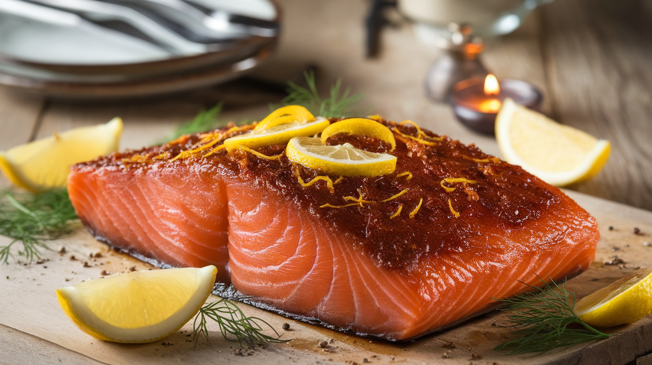Brown sugar lemon garlic smoked salmon fillet served on a rustic wooden board with lemon slices, herbs, and a honey glaze.