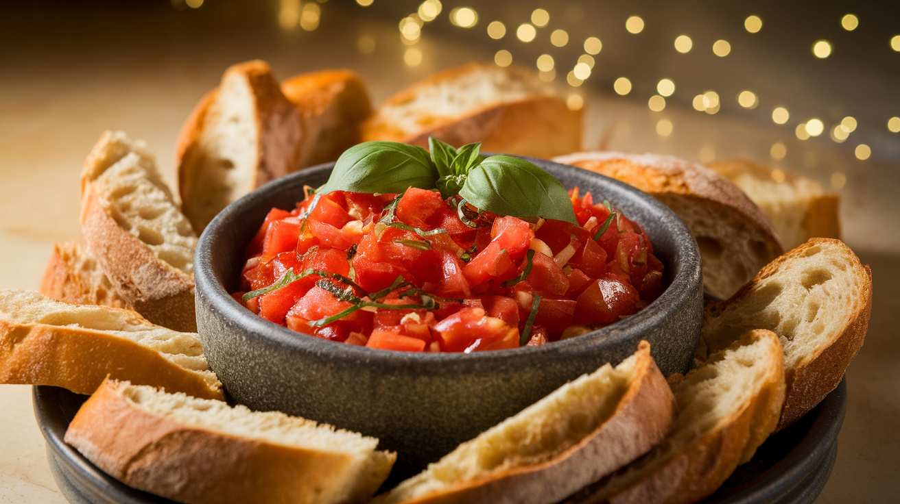 Creamy bruschetta dip in a white bowl topped with diced tomatoes, fresh basil, and garlic, served with toasted baguette slices.