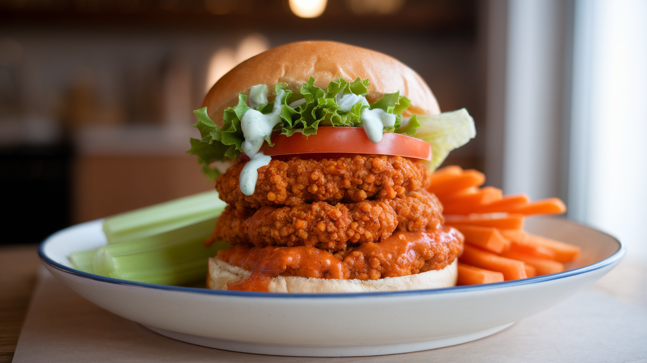 Close-up of a spicy buffalo chickpea burger with lettuce, tomato, and vegan mayo on a toasted bun.