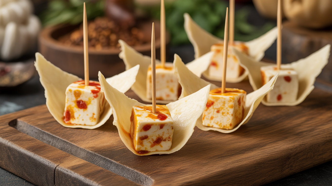 A golden-brown butterfly-shaped puff pastry filled with spiced paneer, served on a white plate with mint chutney.