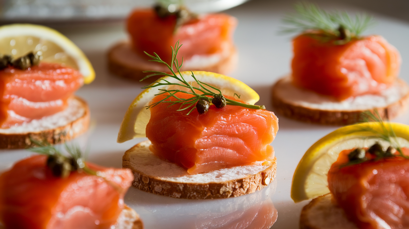 Close-up of bite-sized candied smoked salmon pieces garnished with fresh herbs on a wooden serving board.
