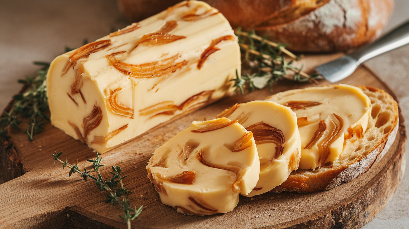 A round pat of caramelised onion compound butter resting on parchment paper, with visible flecks of golden-brown onions and herbs.