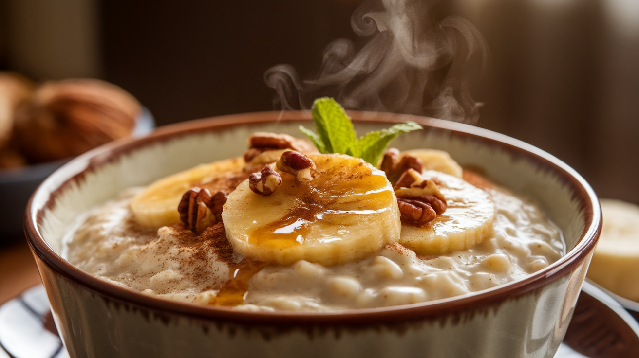 A bowl of oatmeal topped with golden caramelized banana slices, chopped nuts, and a sprinkle of cinnamon.