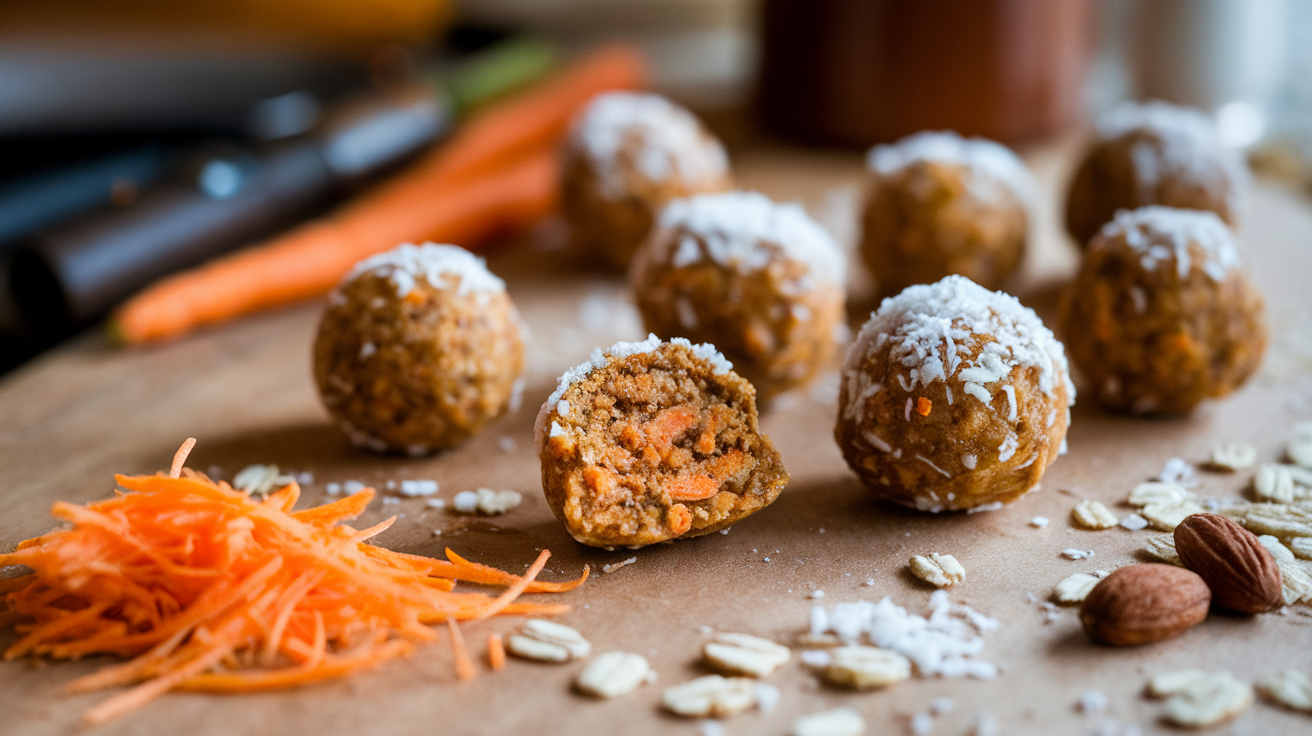 Close-up of homemade carrot cake energy balls coated in shredded coconut and chopped nuts on a rustic wooden plate.