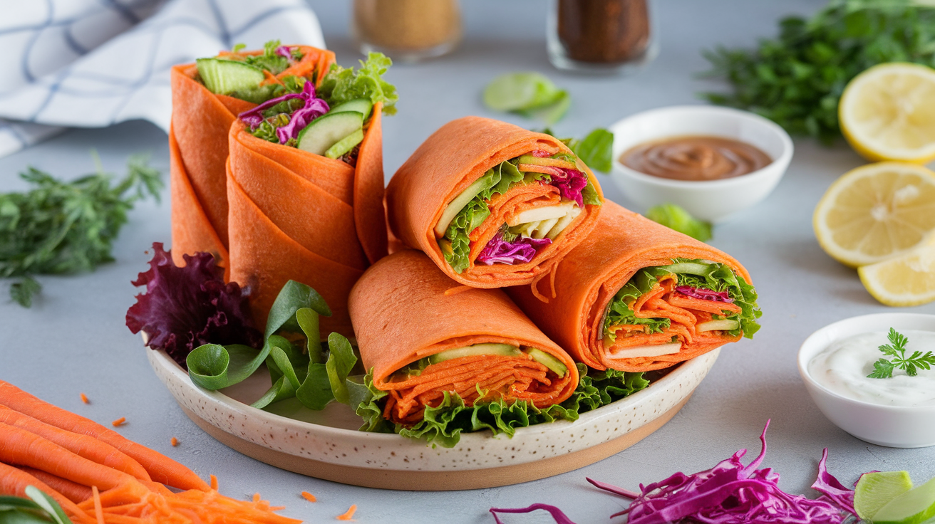 Fresh carrot wraps with hummus, avocado, and greens rolled in a whole wheat tortilla.