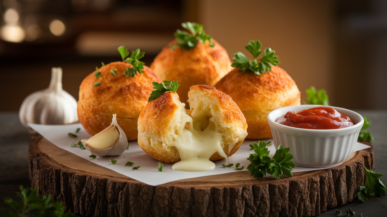Golden-brown cheese-stuffed garlic bread balls on a wooden tray, garnished with fresh parsley and served with marinara sauce.