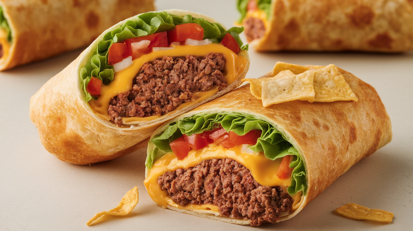 A close-up of a golden, crispy cheeseburger crunch wrap sliced in half, showing melted cheese, seasoned ground beef, lettuce, and crispy tortilla layers.