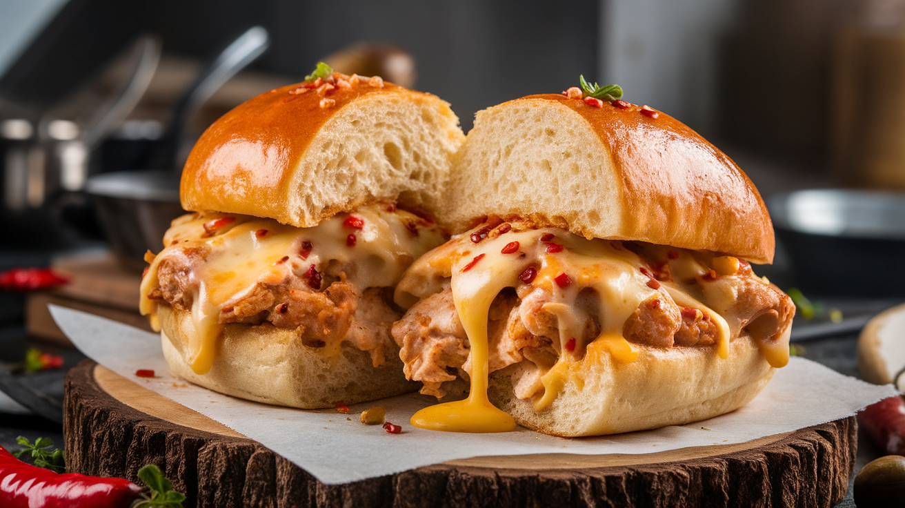 Close-up of a golden-brown bun filled with cheesy chicken and topped with spicy sauce and herbs.