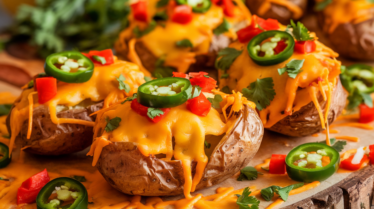 Golden crispy cheesy fiesta potatoes topped with melted cheese and colorful diced bell peppers.
