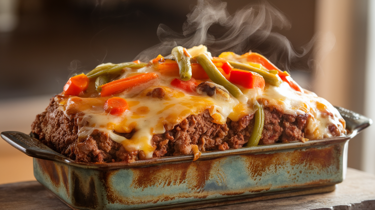 Cheesy loaded meatloaf casserole topped with melted cheese and mixed vegetables in a baking dish.