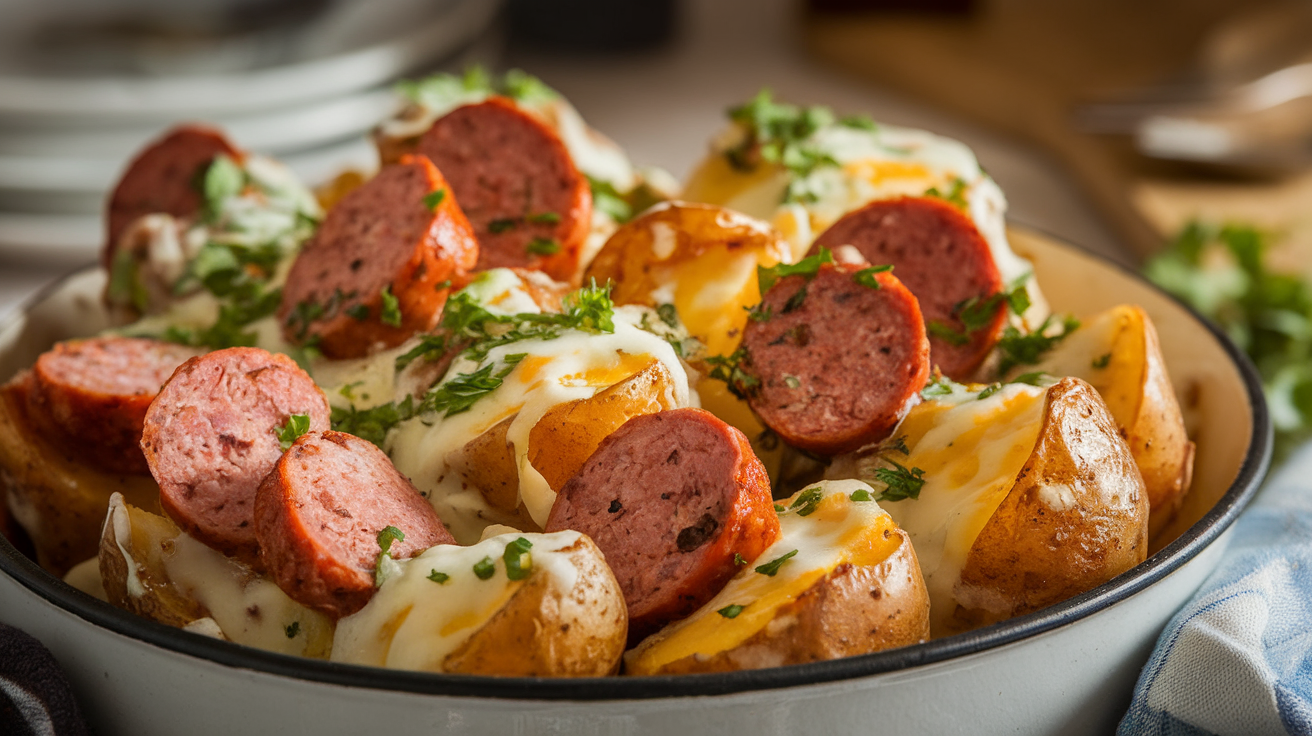 Cheesy ranch potatoes and sliced smoked sausage baked in a cast iron skillet, topped with melted cheddar cheese and fresh parsley.