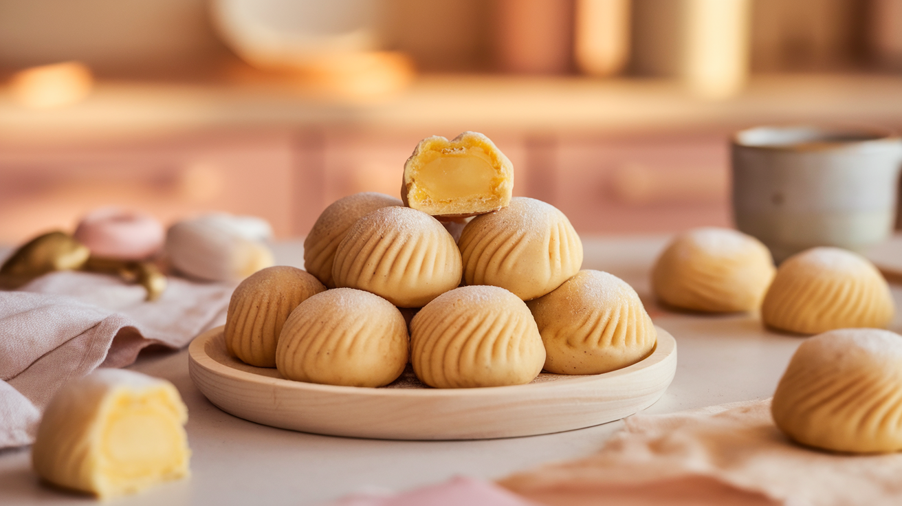 Freshly baked Chewy Butter Mochi Bites on a wooden tray, dusted with powdered sugar, with a bite taken out of one to show soft texture.