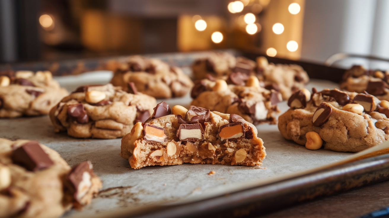 Close-up of freshly baked chewy Snickers cookies with chunks of Snickers bars visible inside, arranged on a cooling rack.