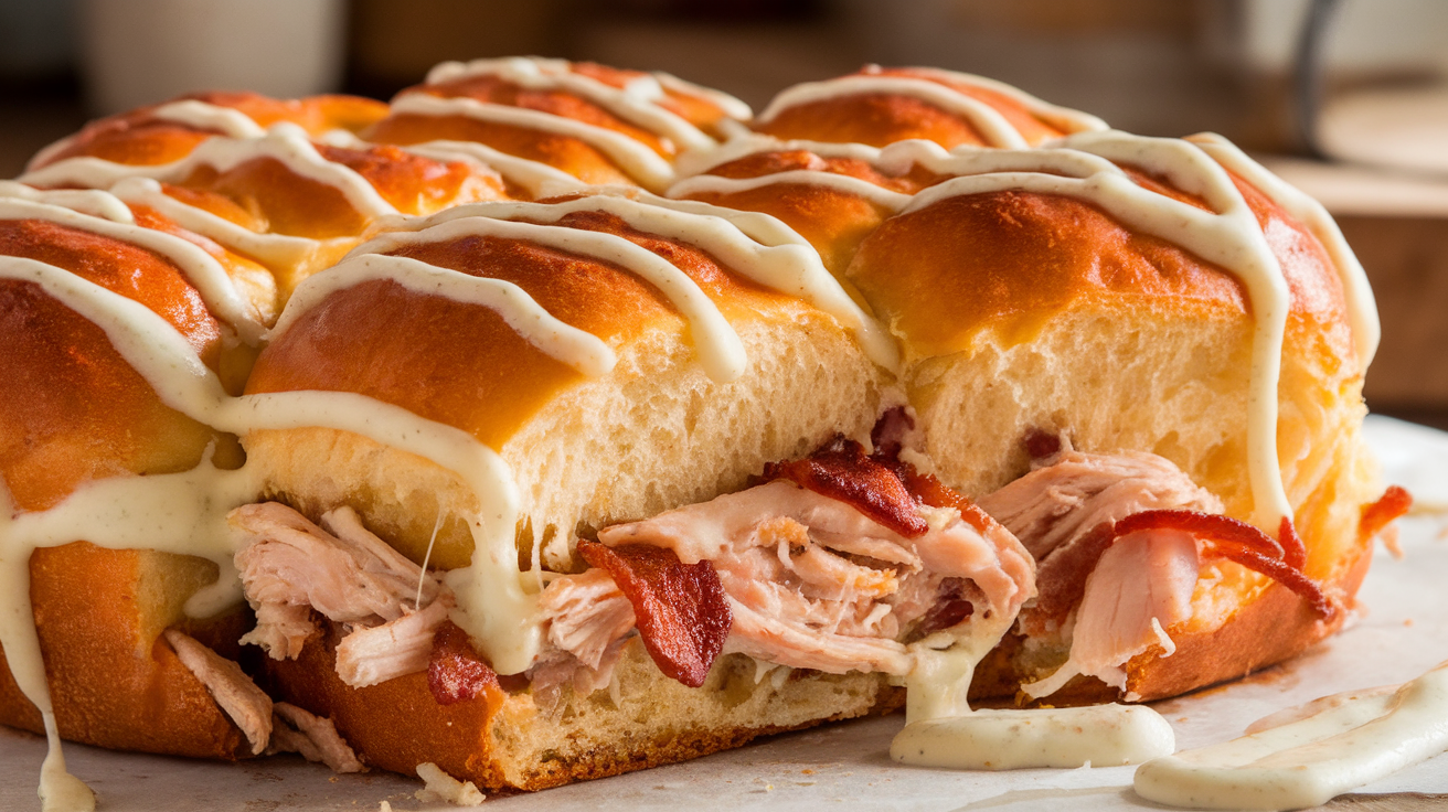 Golden brown chicken bacon ranch pull apart rolls with melted cheese oozing between soft, fluffy layers.