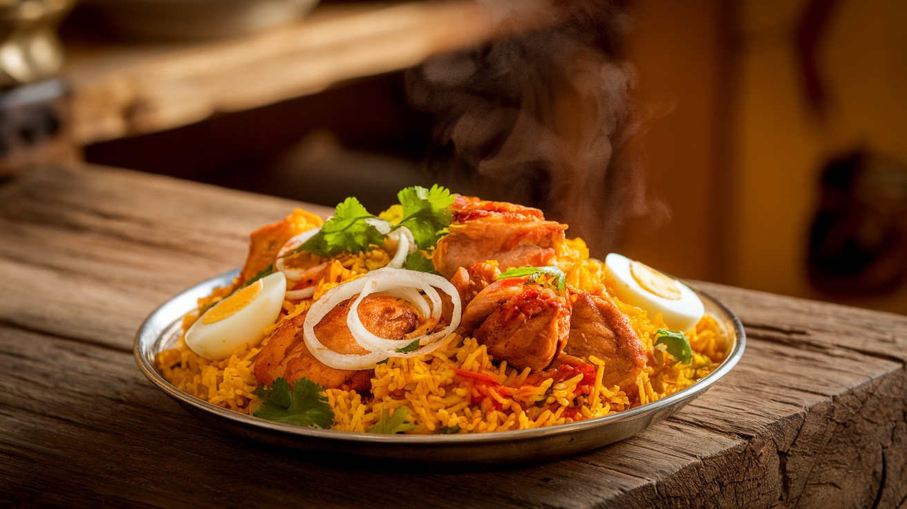 Aromatic chicken biryani in a bronze pot with golden fried onions, fresh cilantro, and saffron-infused rice, served with raita and lemon wedges.