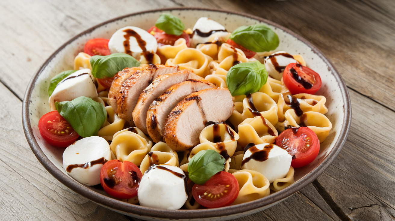 Creamy tortellini pasta salad with grilled chicken, fresh mozzarella, cherry tomatoes, basil, and balsamic glaze in a white bowl.