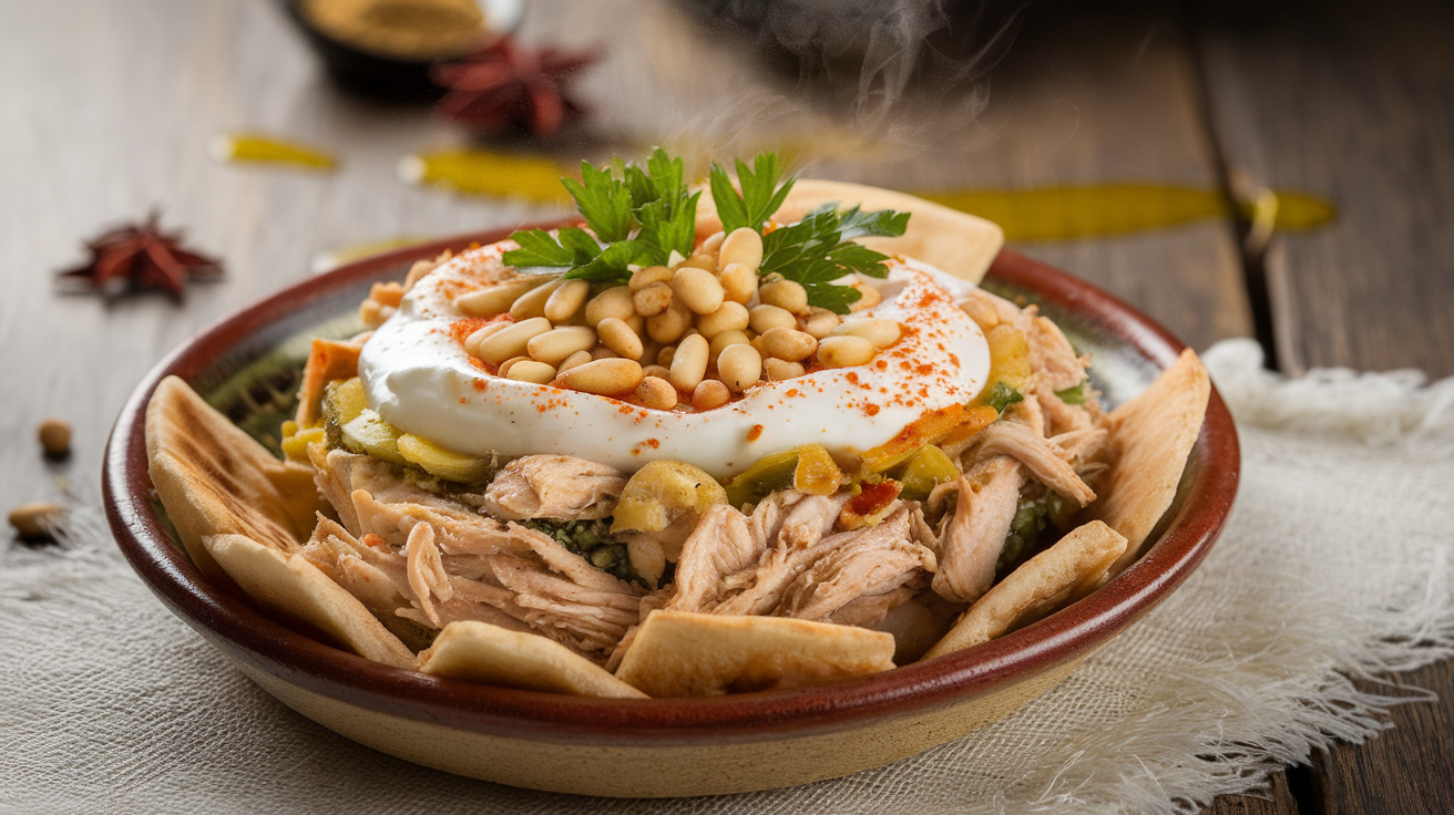A bowl of Chicken Fatteh (Fattet Djaj) with crispy pita, spiced shredded chicken, yogurt sauce, chickpeas, and toasted pine nuts, garnished with fresh parsley.