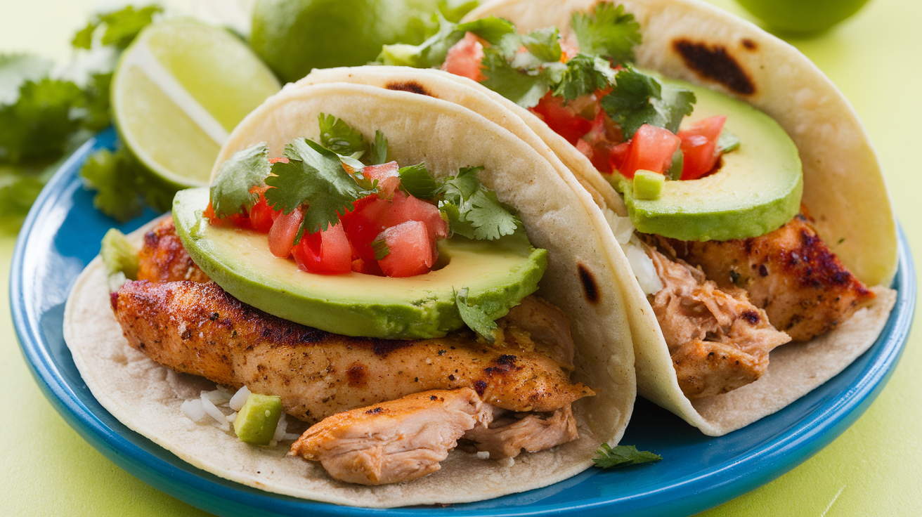 Grilled chicken tacos served on soft flour tortillas with fresh toppings