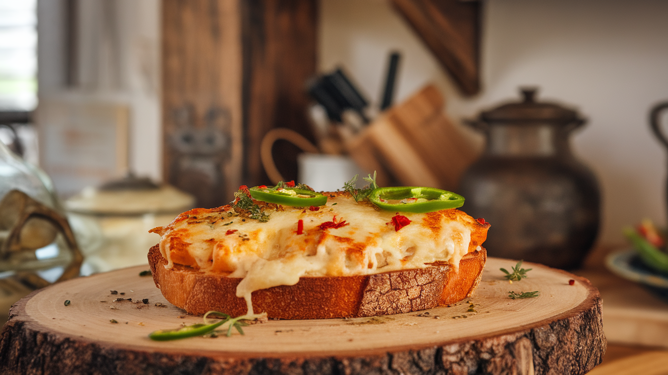 Close-up of golden-brown chili cheese toast topped with melted cheese, chopped green chilies, and herbs on a white plate.