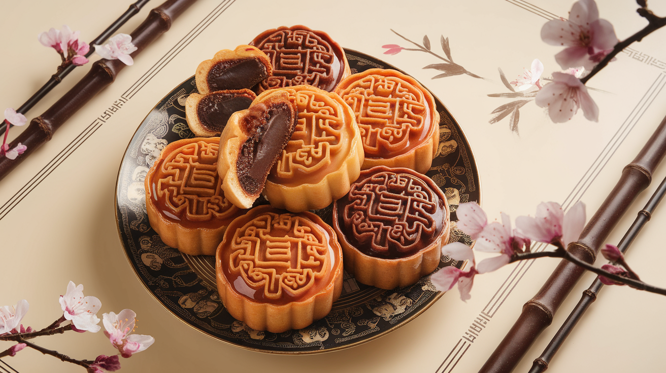 Traditional Chinese mooncakes filled with smooth red bean paste, sliced open to reveal the rich filling.
