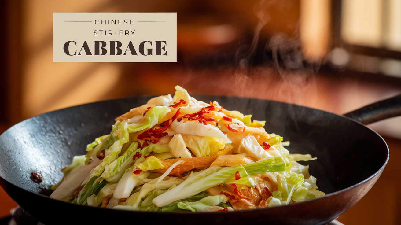 A sizzling pan of Chinese stir-fry cabbage with garlic, ginger, and chili, glistening in savory sauce, ready to serve in a white bowl with chopsticks.