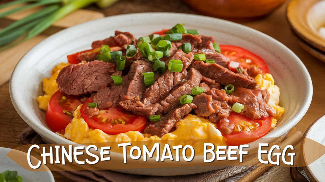 A sizzling plate of Chinese Tomato Beef Egg stir-fry with tender beef slices, scrambled eggs, and juicy tomatoes in a glossy sauce, garnished with green onions.
