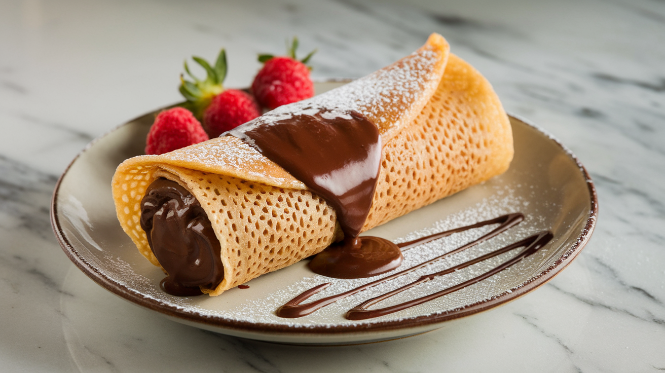Freshly made chocolate crepe roll dusted with powdered sugar, drizzled with chocolate sauce, and served on a white plate.