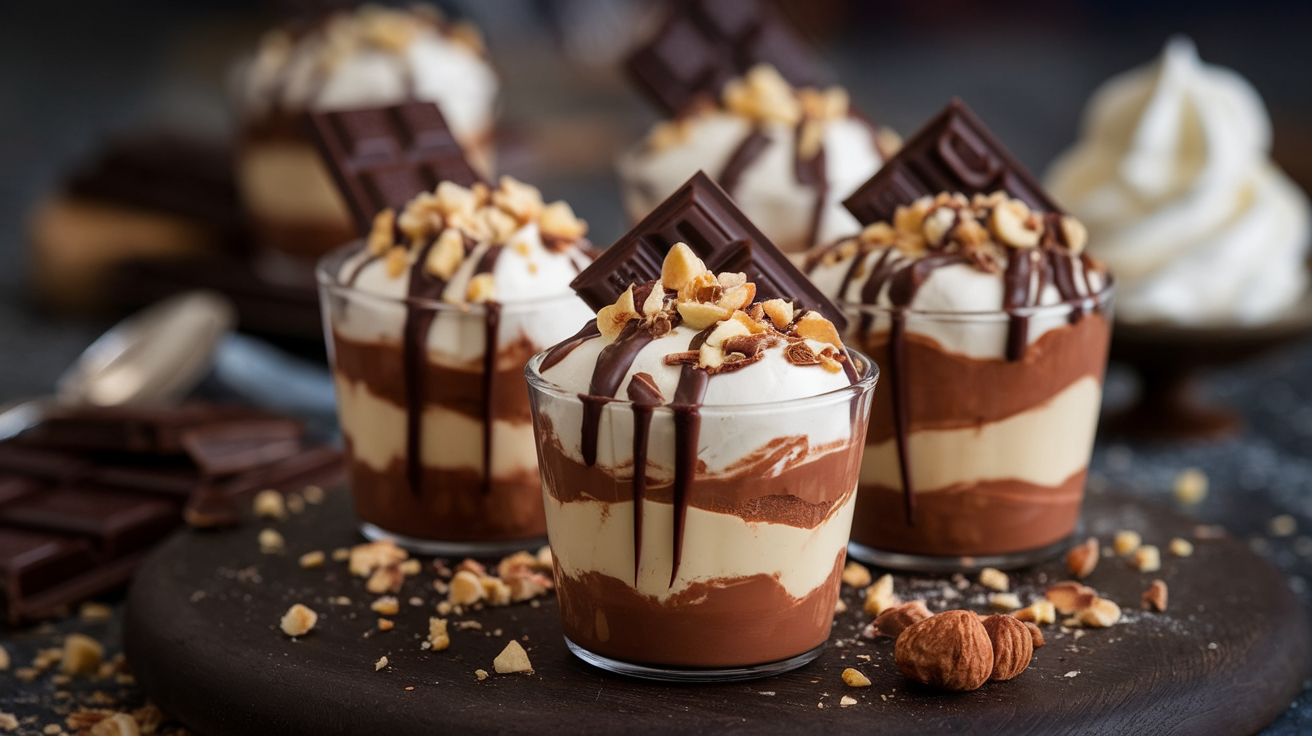 Decadent Chocolate Hazelnut Mascarpone Cups with whipped cream and crushed hazelnuts on a rustic table.