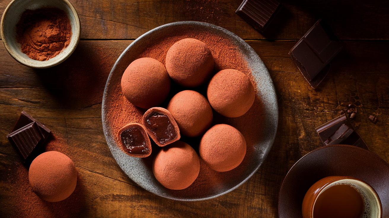 A stack of chewy chocolate mochi squares dusted with cocoa powder on a white plate.