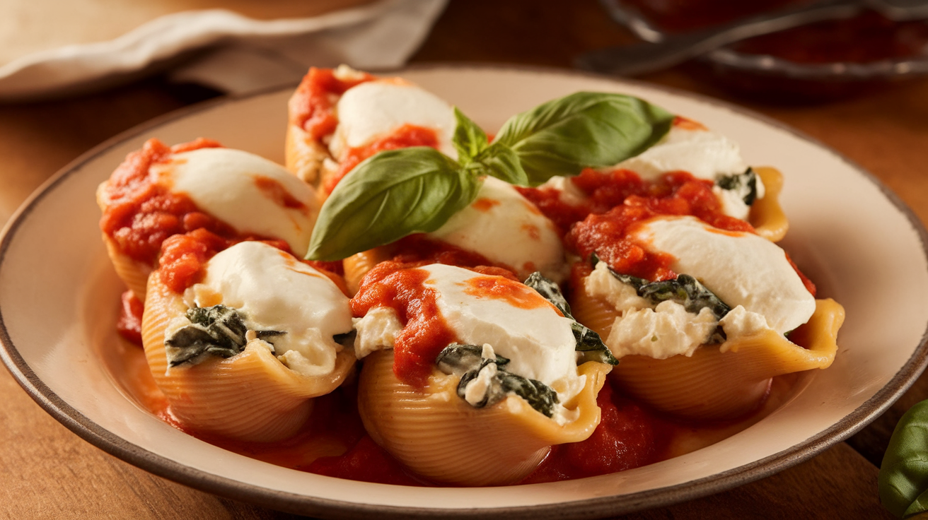 A close-up of baked pasta shells stuffed with ricotta cheese and spinach, topped with melted marinara sauce and melted mozzarella cheese.